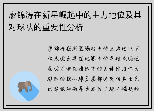 廖锦涛在新星崛起中的主力地位及其对球队的重要性分析 廖锦涛在新星崛起中的主力地位及其对球队的重要性分析